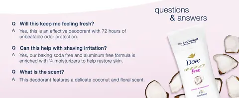 Q&amp;A section with Dove Coconut deodorant, surrounded by coconut pieces on a soft pink background.