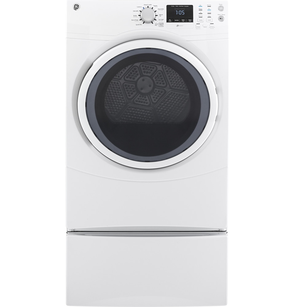 GE Front Load Steam GFW450SSMWW 27 Washer with GFD45ESSMWW 27 Electric Dryer and 2x SBSD137HWW Pedestal Laundry Pair in White 