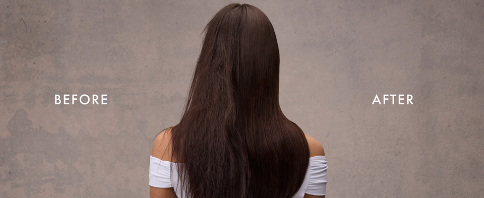 Before/after images of the same woman, from the back, going from damaged to healthy-looking hair.