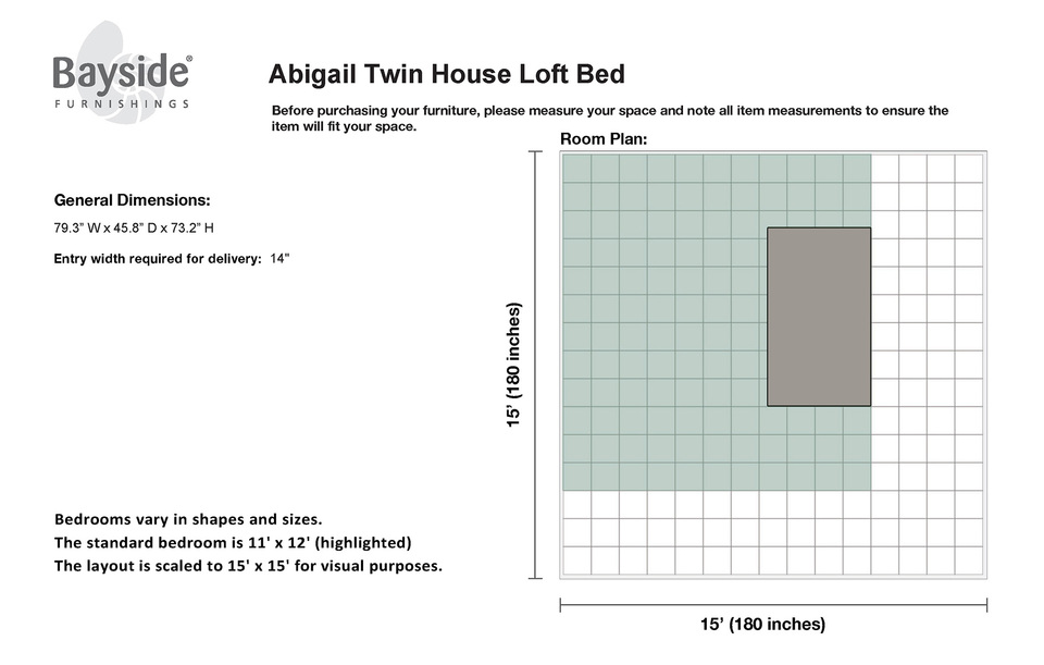 Top-View 15x15 square grid diagram highlighted to show average bedroom size of 11 x 12 feet illustrating area required for the most comfortable use of this item: approximately 6.5&#39;x4&#39;.