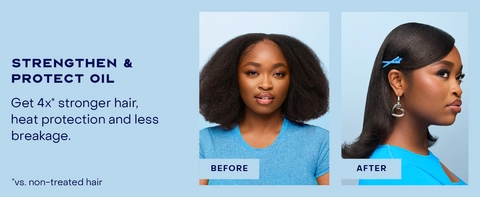 2 images of the same woman before &amp; after applying our treatment for healthy-looking hair.