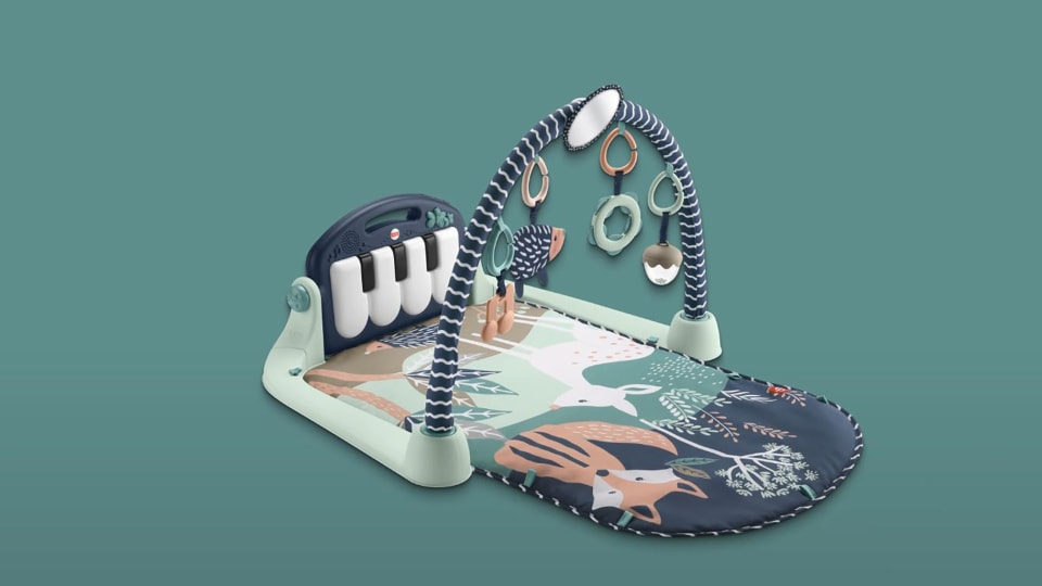 thumbnail video image 2 of Fisher-Price Baby Gym Playmat With Kick & Play Piano And Tummy Time Toys, Navy Fawn, 2 of 7