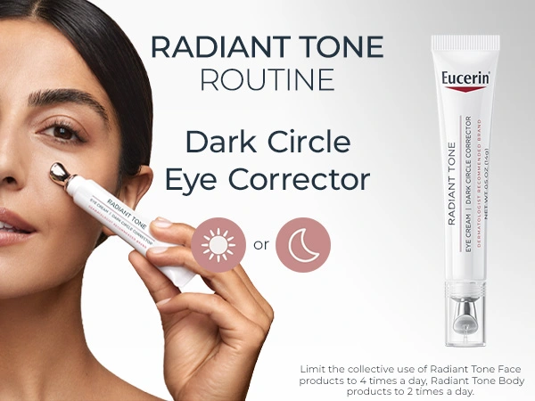 Eucerin Radiant Tone Dark Circle Eye Corrector with silver applicator wand. Woman applying to under-eye area; "RADIANT TONE ROUTINE" messaging. Day/night icons. Limit face products to 4x daily, body to 2x daily for optimal results.
