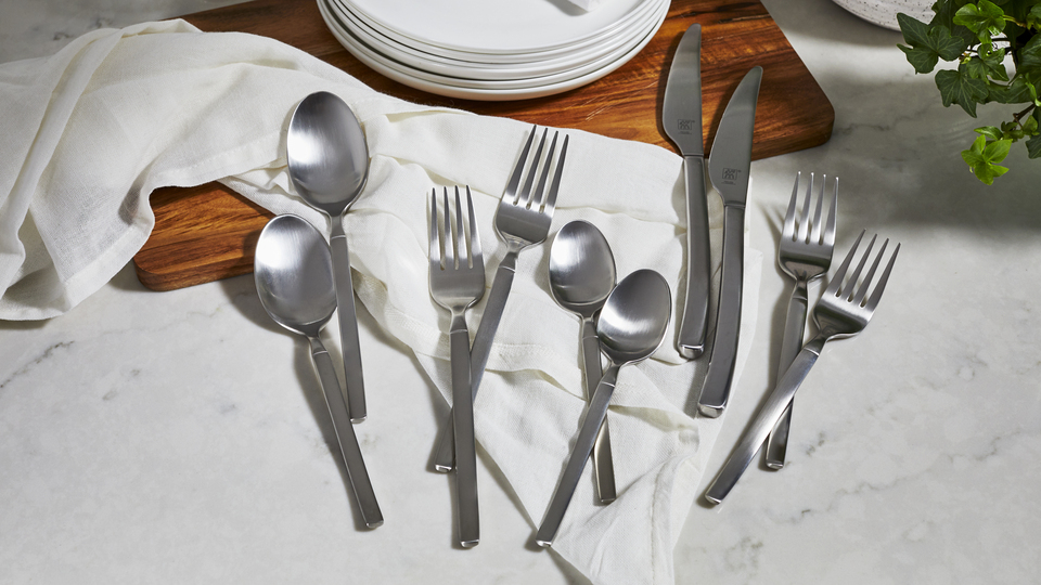thumbnail video image 2 of ZWILLING Satin Opus 45-Pc Stainless Steel Flatware Set , Dishwasher Safe, Service for 8, Matte Finish (not polished), 2 of 9