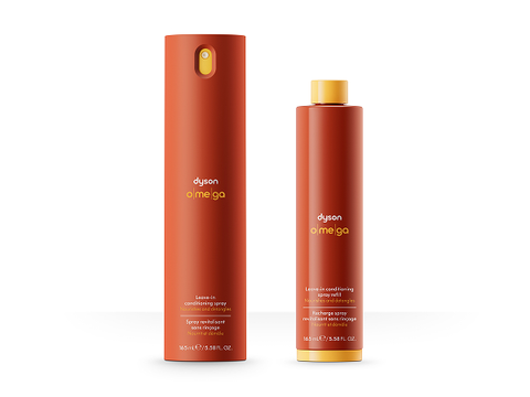 Full size Omega leav-in conditioning spray next to it’s refill bottle