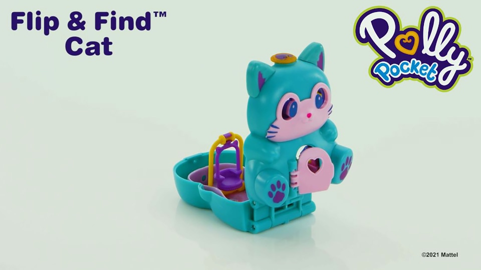 thumbnail video image 2 of Polly Pocket Flip & Find Cat Compact, Travel Toy with Micro Polly Doll & Pet Cat, 2 of 8