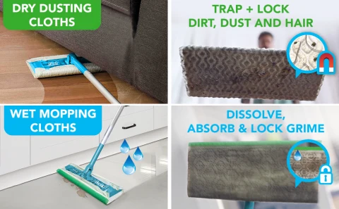 Flash Speedmop cloths are available as dry dusting cloths and wet mopping cloths.