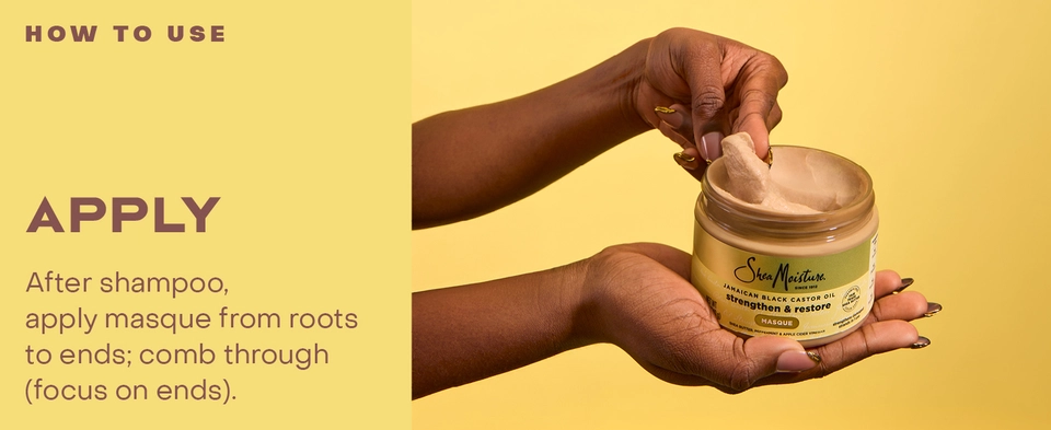 Image of a hand taking SheaMoisture Masque from pot, next to applying instructions.