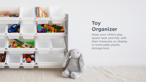 Tot Tutors Super-Sized Kids Toy Storage Organizer w/ 16 Plastic Bins,  Grey/White - Springfield Collection