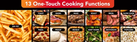 Photo: '13 One-Touch Cooking Functions: Air Fry, Toast, Bagel, Bake, Roast, Broil, Slow Cook, Pizza, Proof, Reheat, Keep Warm, Dehydrate, Popcorn'