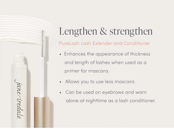 PureLash Extender and Conditioner by Jane Iredale enhances the appearance of thickness and length of lashes when used as a primer for mascara, allows you to use less mascara, and can be used on both eyebrows and lashes as a conditioner.