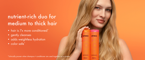 nutrient-rich duo for medium to thick hair, hair is 7x more conditioned, gently cleanses, adds weightless hydration, color safe