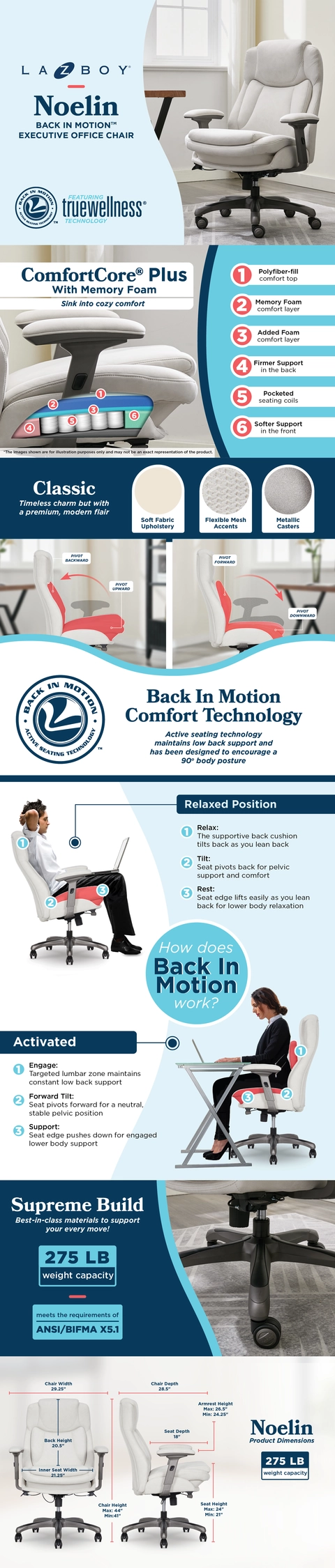 La-Z-Boy Noelin Ergonomic Fabric Swivel Task Chair, Cream (52703