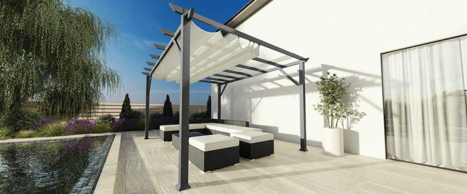 Modena pergola in charcoal gray by pool