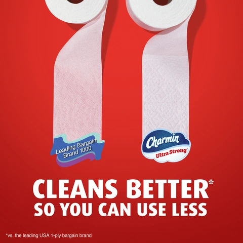 Comparison between Leading Bargain Brand 1000 and Charmin Ultra Strong Mega Roll Textures. Image reads "Cleans better so you can use less".