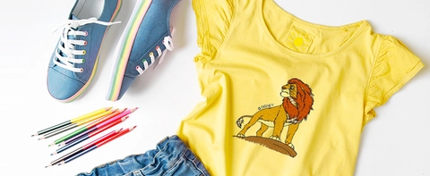 Sample image yellow shirt with lion, jean shorts, sneakers, pencils