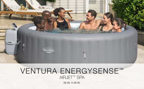 : 6 people relaxing in the 93&quot; x 28&quot; Ventura EnergySense AirJet inflatable hot tub spa.