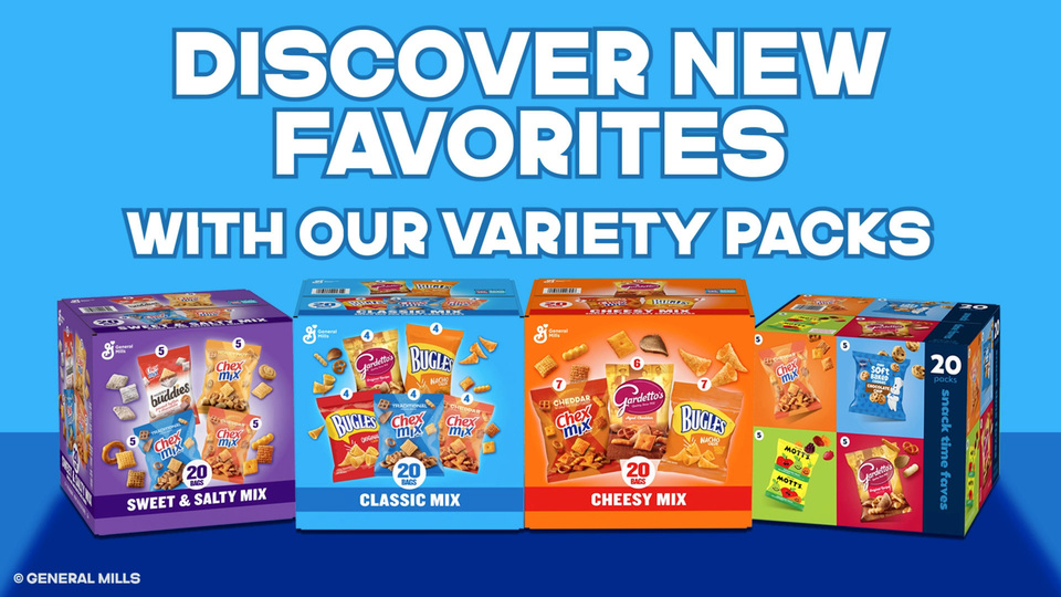 thumbnail video image 2 of Sweet and Salty Snack Variety Pack with Muddy Buddies and Chex Mix, Snacks, 20 Count, 35 oz, 2 of 13