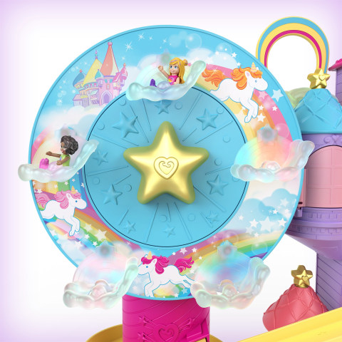  Polly Pocket Parque temático Rainbow Funland, 3 paseos, 7 áreas  de juego, muñecas Polly y Shani, 2 unicornios y 25 accesorios sorpresa (30  piezas de juego en total), gran regalo para