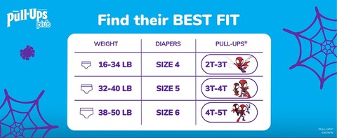 With 3 size options, find the best fit for your child with Pull Ups Plus for Boys training pants