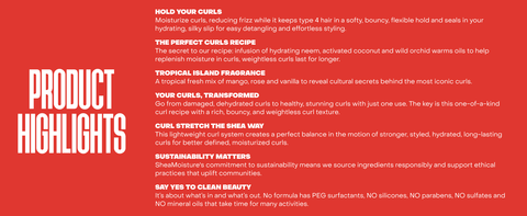 Product Highlights on a red backdrop, showcasing SheaMoisture curl care benefits.