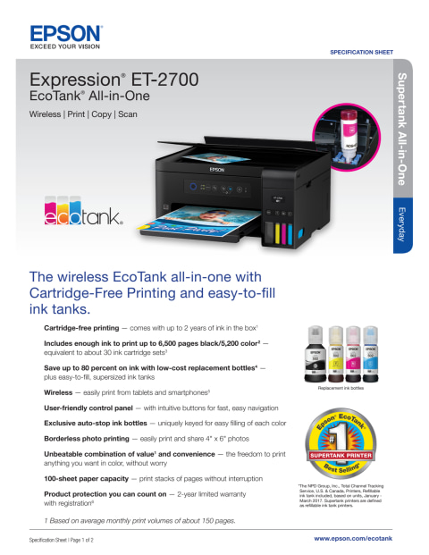 Epson Expression Et 2750 Ecotank Wireless Color All In One Supertank Printer With Scanner And 3348