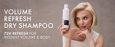 Woman with short, blond hair holding a Nexxus bottle next to text highlighting product benefits.