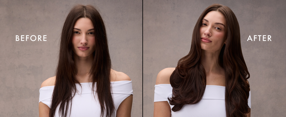 Before and after images of the same woman going from damaged to healthy-looking hair.
