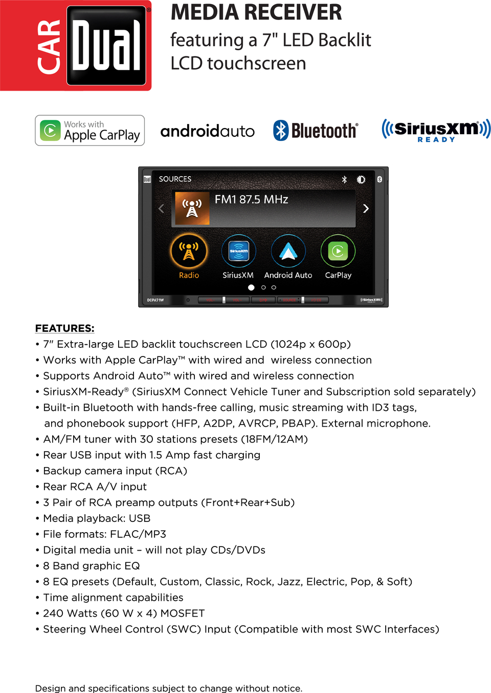 Dual Electronics XD28BT, Car Stereo Head Unit, Double DIN with Bluetooth,  7-Character LCD, New