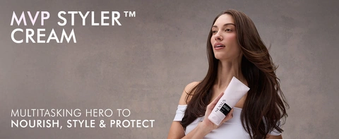 Nexxus MVP Styler Cream tube with text: multitasking hero to nourish, style and protect hair.