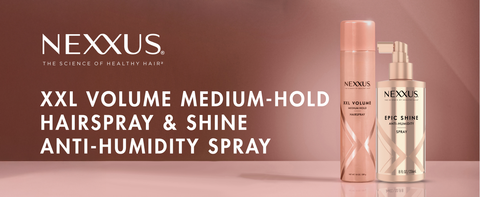 NEXXUS hairspray &amp; spray heat protect with white text &amp; logo.
