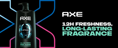 AXE Apollo pump bottle, next to text about long lasting fragrance and 12 hour freshness.
