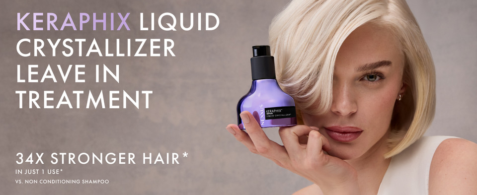 Nexxus Keraphix Liquid Crystallizer held beside a 34X stronger hair claim.