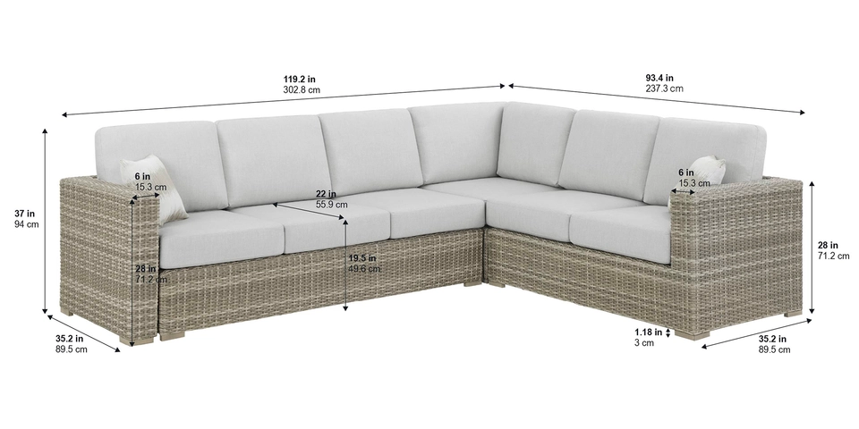 Dimensions showing Thomasville Outdoor Dillard Convertible Sectional