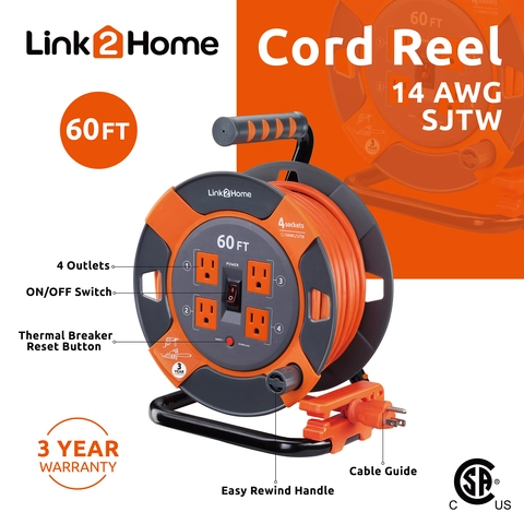 Link2Home Outdoor Heavy Duty 60ft Extension Cord Reel with 4 Power