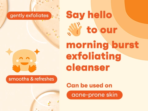 Morning Burst exfoliating cleanser on orange background close up of texture and happy face emoodji