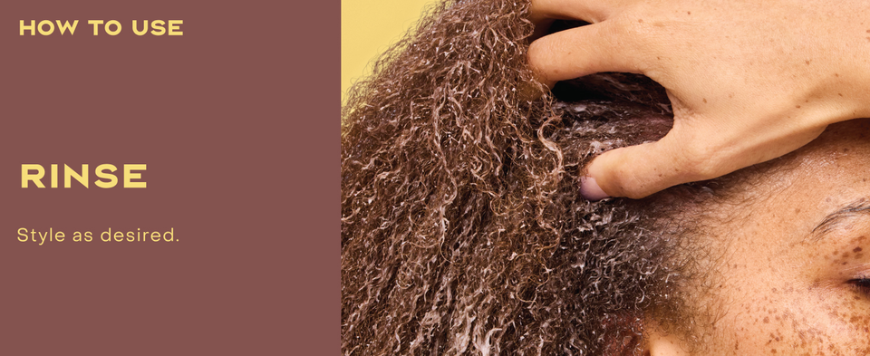 Image of a young woman running her hand through her curly hair, next to rinsing instructions