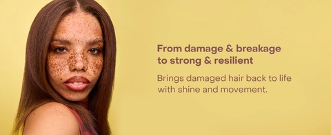 Image of a woman with straight hair, next to text highlighting some benefits of our conditioner.