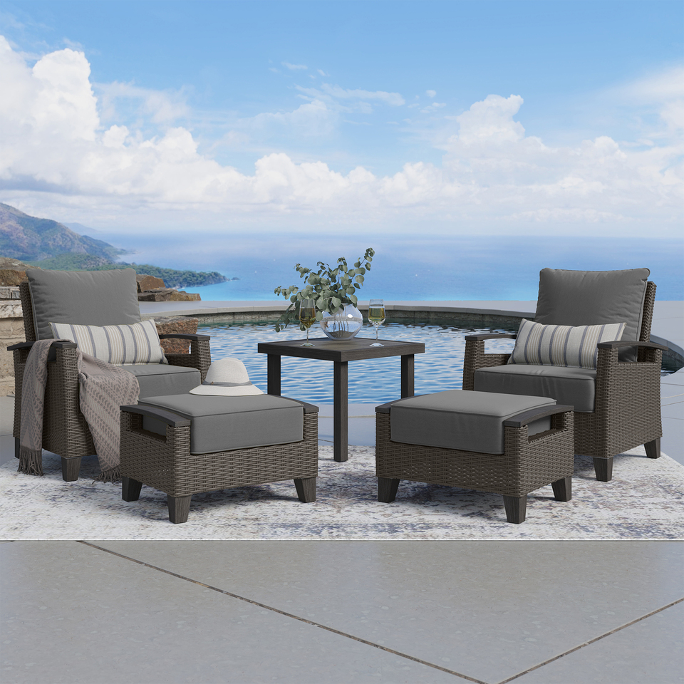 Las Palmas chair and ottoman set in grey fabric with side table in outdoor scene