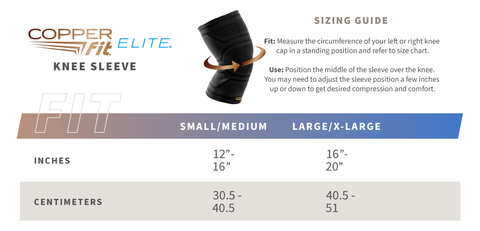 Sizing Guide - FIT: Measure the circumference of your left or right knee cap in a standing position and refer to size chart. USE: Position the middle of the sleeve over the knee. Yo may need to adjust the sleeve position a few inchs up or down to get the desired compression and comfort.