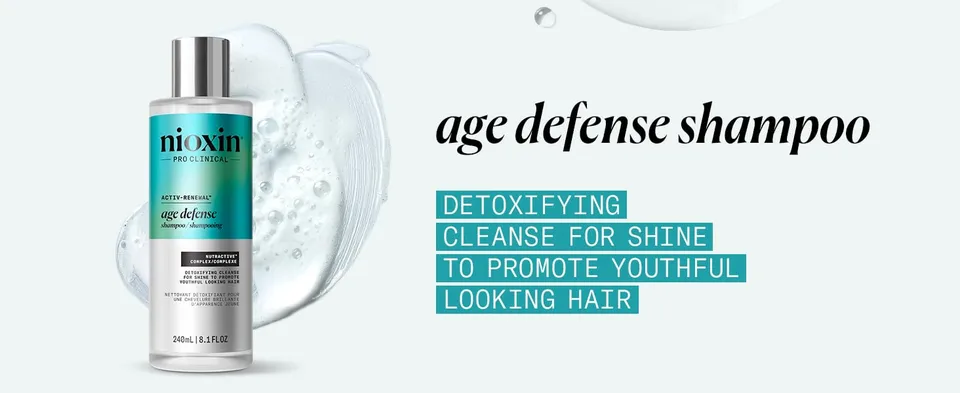 age defense shampoo detoxifies and cleanses for shine to promote youthful looking hair