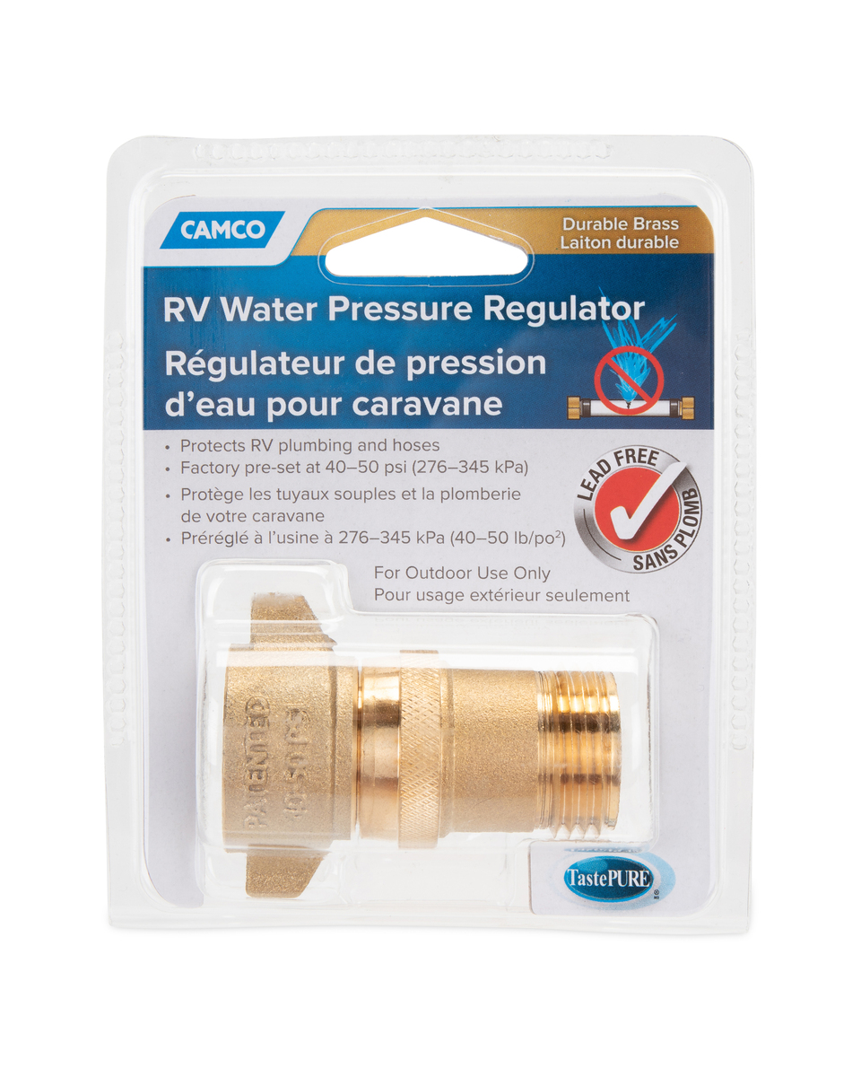 thumbnail video image 2 of Camco RV Water Pressure Regulator - Reduces Water Pressure to 40-50 PSI – Brass (40051), 2 of 7