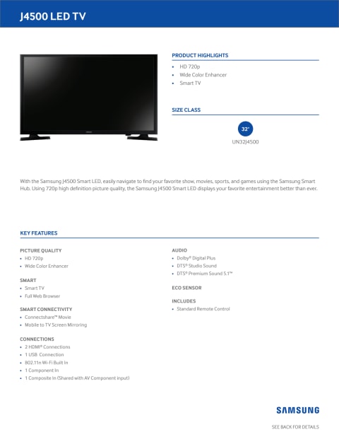 Samsung 32" hd (720p) smart led tv (un32j4500afxza) - Walmart.com