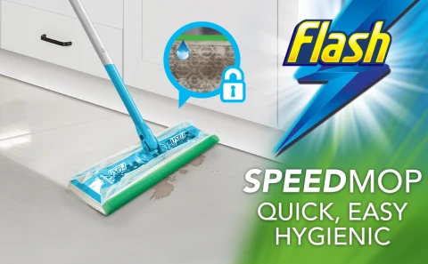 Visual of Flash Speedmop mopping kitchen floor tiles for a quick, easy, and hygienic clean.