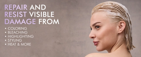 Wet hair with Keraphix Shampoo, text: Repair &amp; resist damage: coloring, bleaching, styling, heat