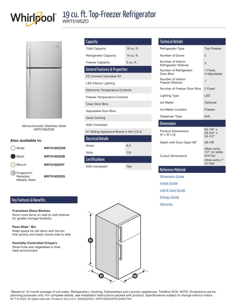 Whirlpool Wrt519Szdm Whirlpool 19.2 Cu. Ft. Top-Freezer Refrigerator ...