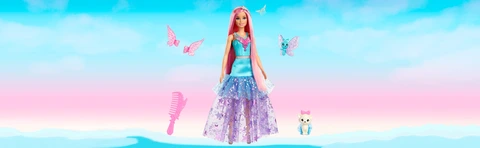 This Barbie doll wears a shimmery fairytale dress and comes