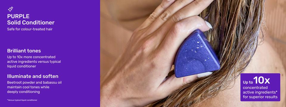 Image of Ethique Beauty&#39;s Purple Solid Conditioner in use.