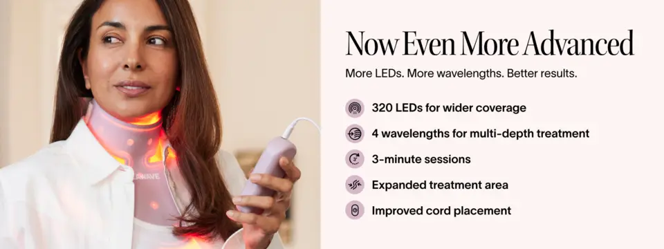 Woman using neck and chest light therapy mask with multiple wavelengths and full coverage design