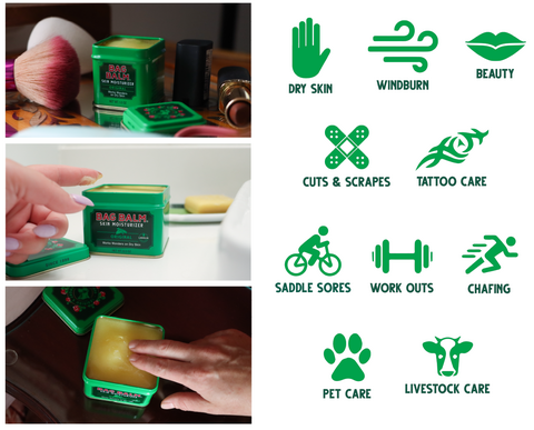 Dry skin, windburn, beauty, cuts &amp; scrapes, tattoo care, saddle sores, workouts, chafing, pet care, livestock care.